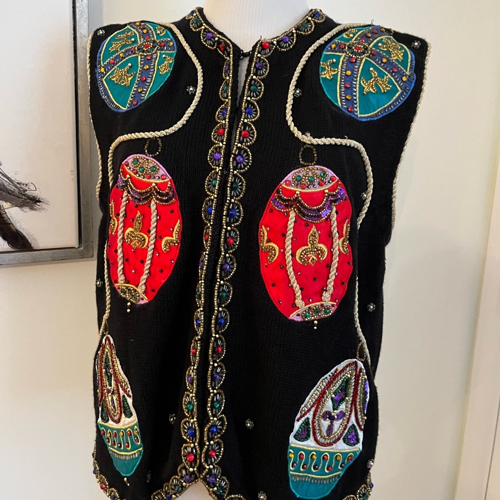 Embellished Black Beaded Vest with Multicolor Appliqué
